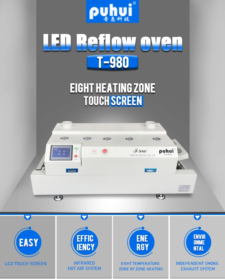 Puhui Conveyor 8-Heating Zone Touch Screen Reflow Oven T-980 for PCB LED Batch Soldering